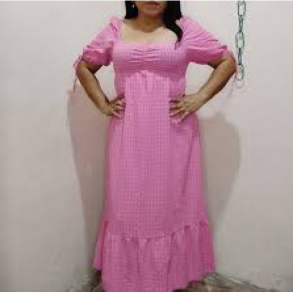 SHEIN Pink Puff Sleeve Tiered Sundress